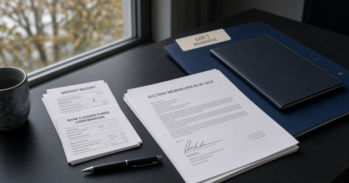 What auction memorandum and deposit evidence a specialist lender wants after the hammer